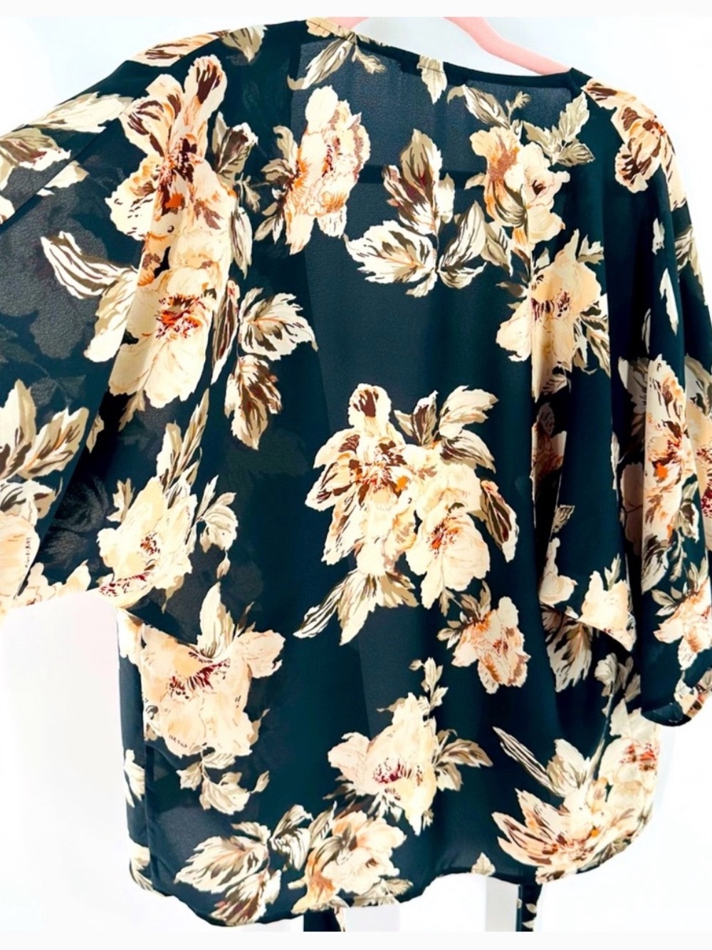 West Kei ~ Satin Kimono ~ Black base w/ Cream, Peach & Olive Flowers ~ Tie Front - Picture 4 of 9